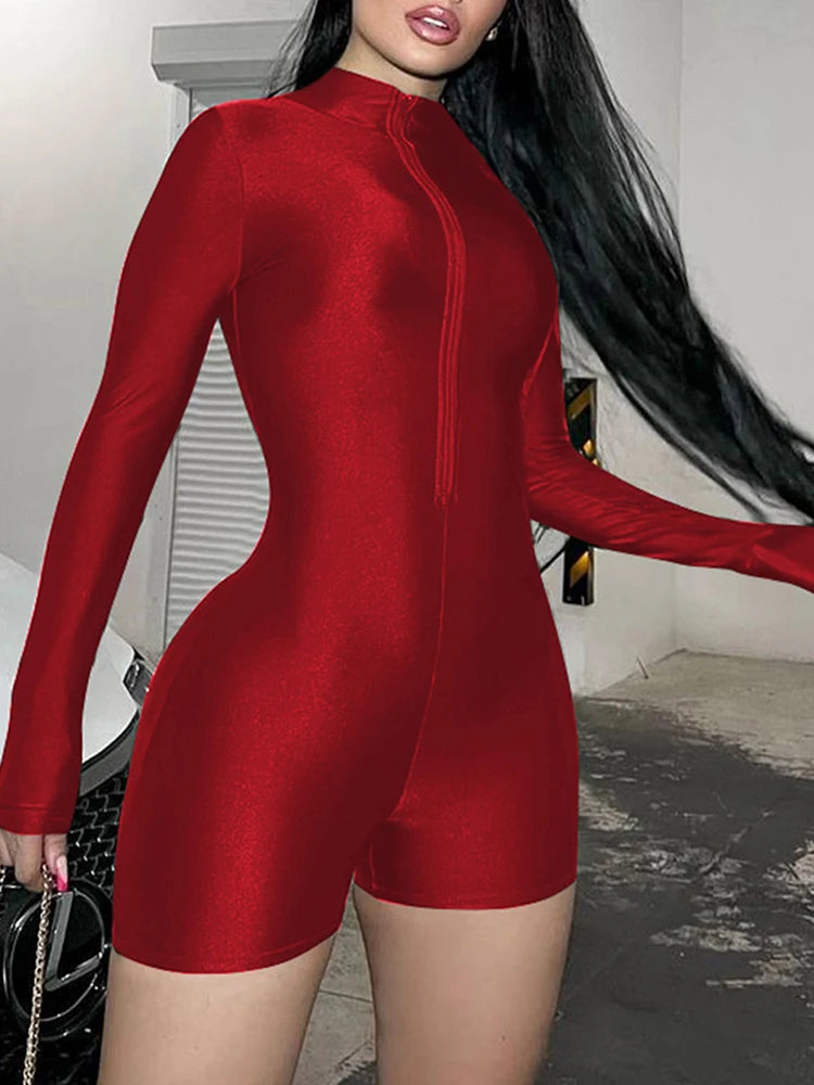 Hugcitar Solid Turtleneck Long Sleeve Zip Up Sexy Slim Skinny One Piece Playsuit 2024 Fall Women Fashion Streetwear Party Romper