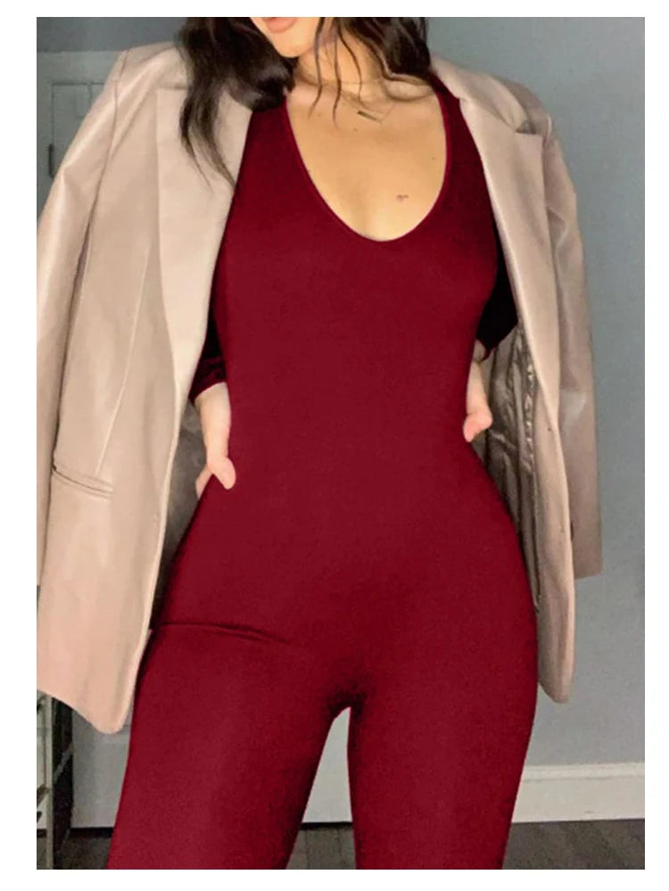 Spring Summer New Women's Long Sleeve Solid Color Skinny Jumpsuit Fashion Sports Fitness Pullover Casual Wear