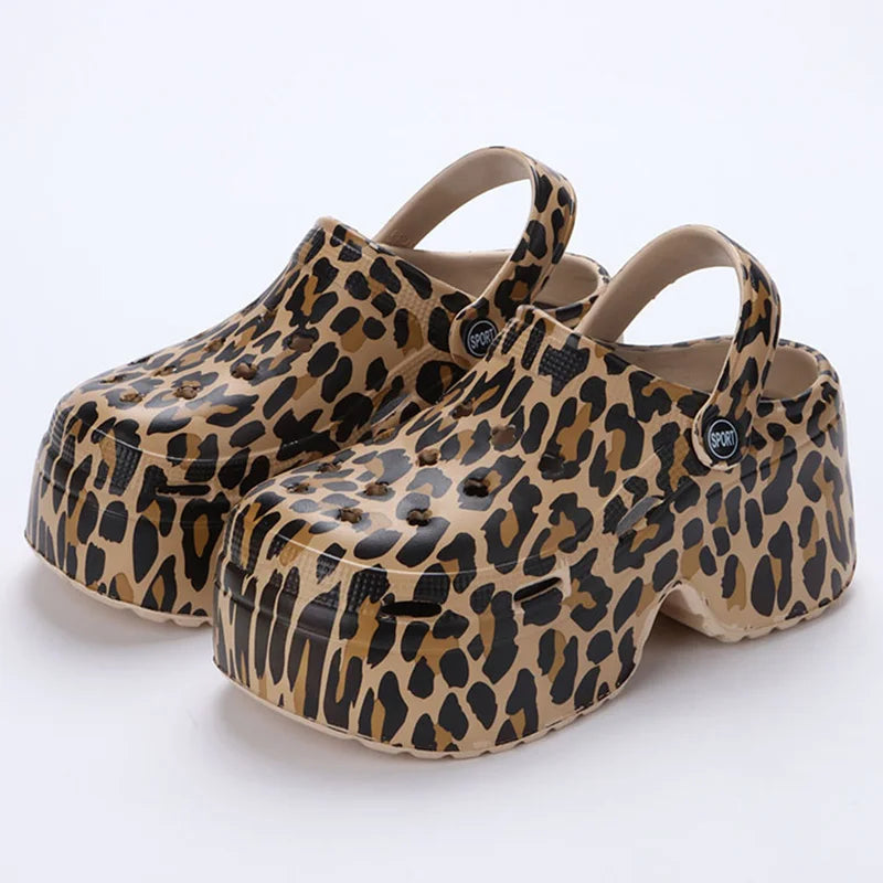 Leopard Thick Bottom Clogs for Women Closed Toe Chunky Platform Sandals Woman Summer 2023 Super High Wedge Heel Slippers Female