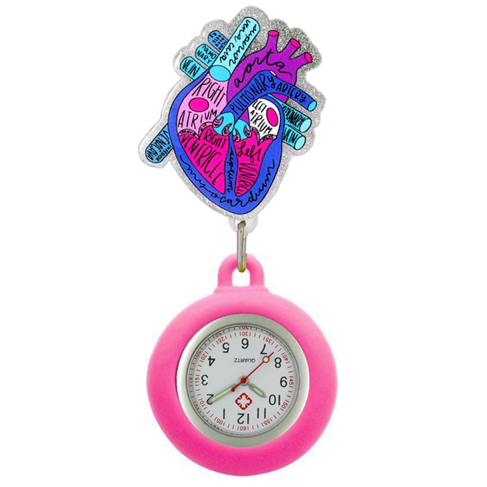 Heart Shape Icons Retractable Nurse Doctor Shiny Badge Reel Clip Pocket Watches Hospital Medical Working Office Hang Clock