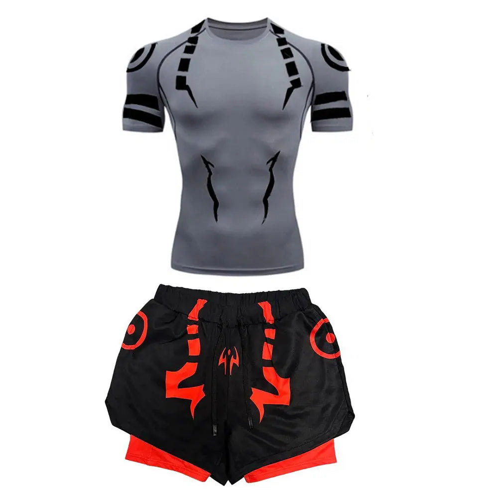 Anime Jujutsu Kaisen Compression Set Fitness Suit for Men Quick Dry 3D Compression Shirt+Gym Shorts Running Workout Sportswear