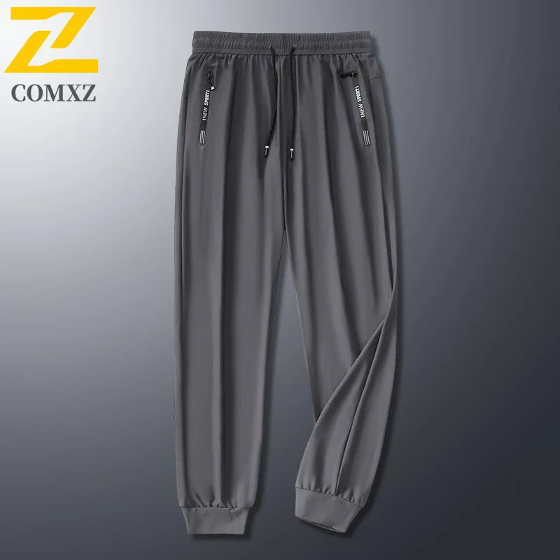 2025 Summer Men's Thin Ice Silk Casual Pants Loose Fit Plus Size Quick-Dry Elastic Joggers 9/4 Length Tapered Ankle Sweatpants