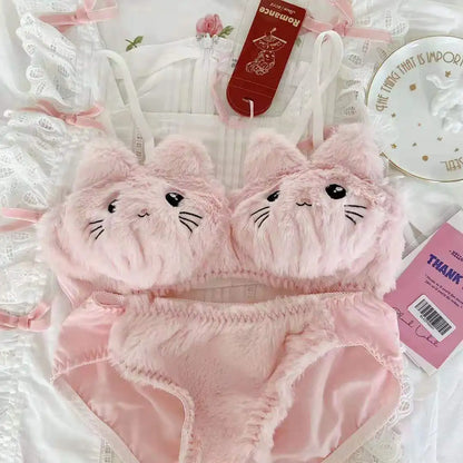 Japanese Kawaii Plush Women Bra Set Cute Girl Cat Comfortable Bra Set Cartoon Underwear Lovely Soft Student Lingerie