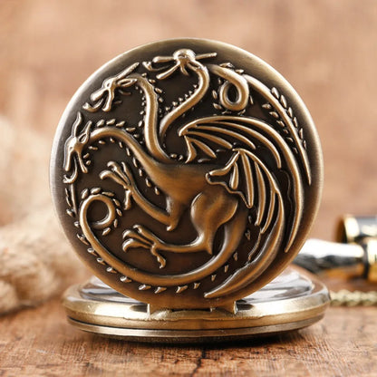 Three-headed Dragon Quartz pocket Watch Vintage Bronze Fire Monster necklace Vintage antique watch
