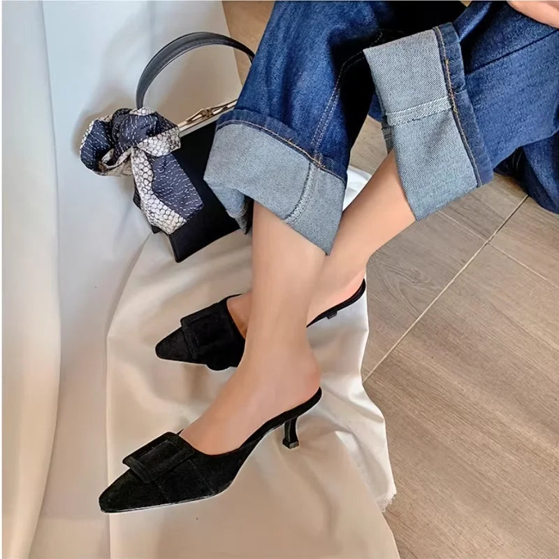 2025 Womens Summer sandals Lady mules basic style shoes natual suede french style buckle slippers Women pump pointed toe size 42