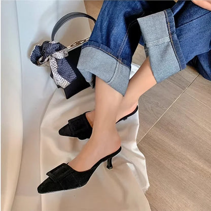 2025 Womens Summer sandals Lady mules basic style shoes natual suede french style buckle slippers Women pump pointed toe size 42