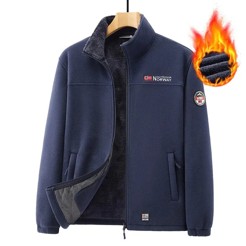 Men's Stand Collar Fleece Lined Jacket Autumn Winter Cold Proof Outerwear Sheep Fleece Lining Windproof Men's Outerwear