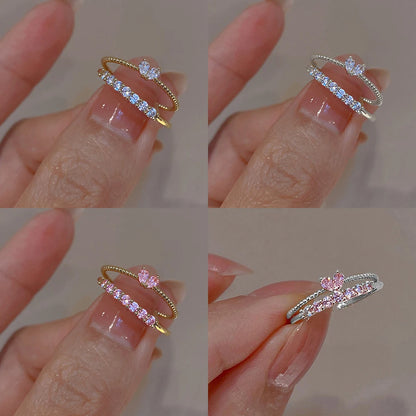 2PCS Aesthetic Elegant Dainty Crystal Heart Rings for Women Girls Gold Color Stackable Delicated Love Finger Ring Set Jewelry