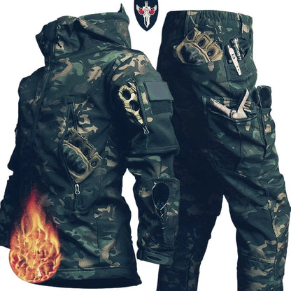 Tactical Winter Set Men's Outdoor Windproof Waterproof Suit Multi-Pocket Soft Shell Hooded Jackets Sharkskin Work Pants