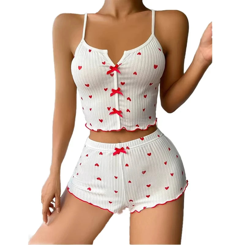 Sexy Sleepwear Women Pajamas Set Heart Print Silk Stain V-Neck Sleeveless Casual Cami Top and Shorts Sets Home Suit Loungewear