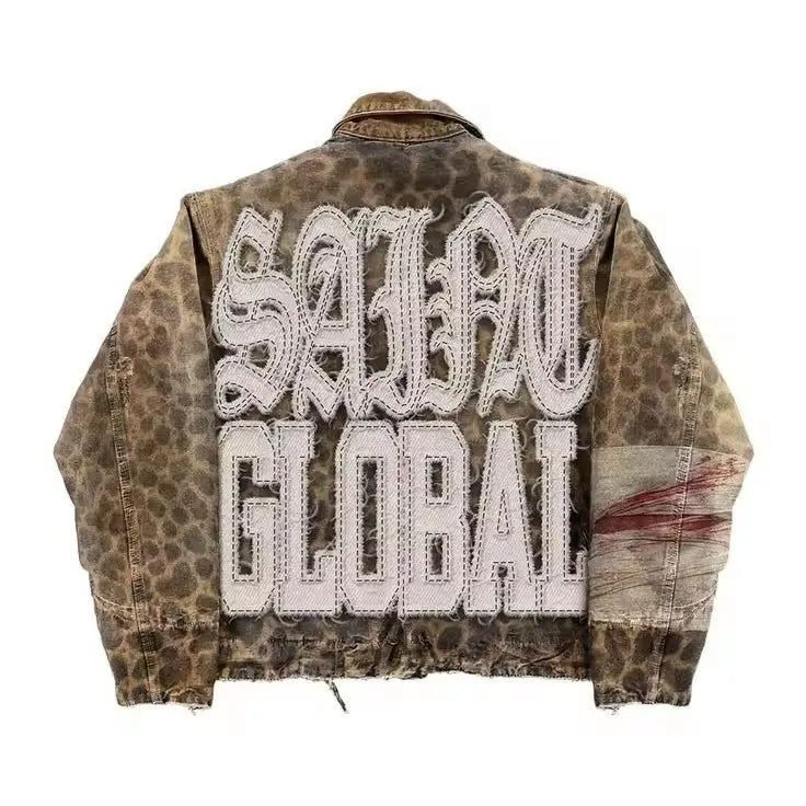 Vintage Leopard Camouflage Jeans Jacket Two Piece Y2K Suit Mens Womens Letters Patch Embroidery Oversized Coats Jeans Clothes