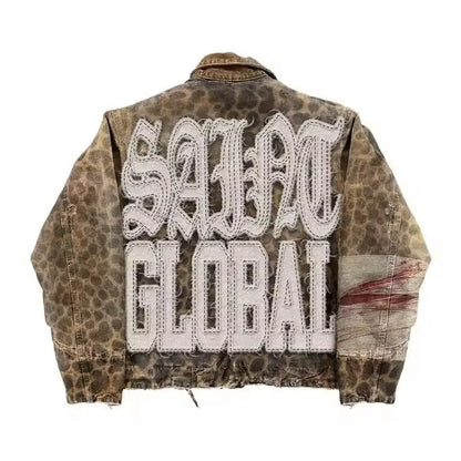 Vintage Leopard Camouflage Jeans Jacket Two Piece Y2K Suit Mens Womens Letters Patch Embroidery Oversized Coats Jeans Clothes