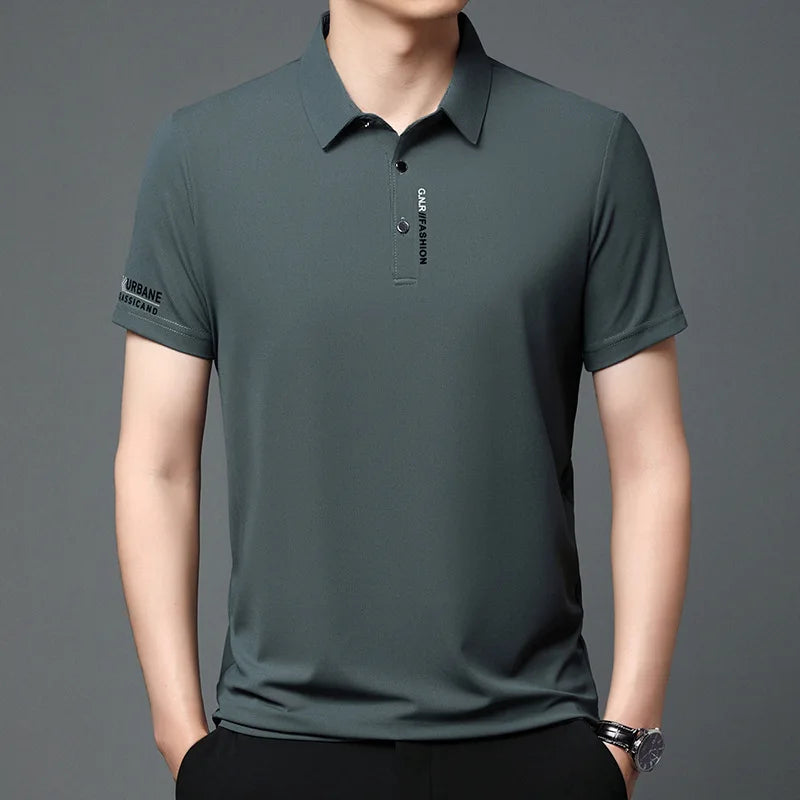 2025 Men's Short Sleeve Solid Color Polo Shirt Breathable Comfortable Elastic Top New Arrivals Casual Business Style
