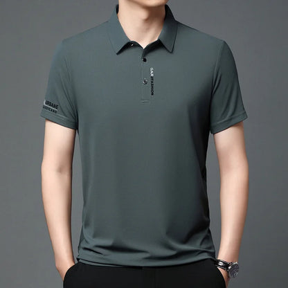2025 Men's Short Sleeve Solid Color Polo Shirt Breathable Comfortable Elastic Top New Arrivals Casual Business Style