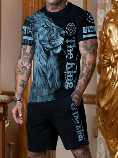 New Men's Sports Suit 3D Three-Dimensional Lion Print Short-Sleeved Outdoor Travel Leisure Two-Piece Suit Plus Size Clothing