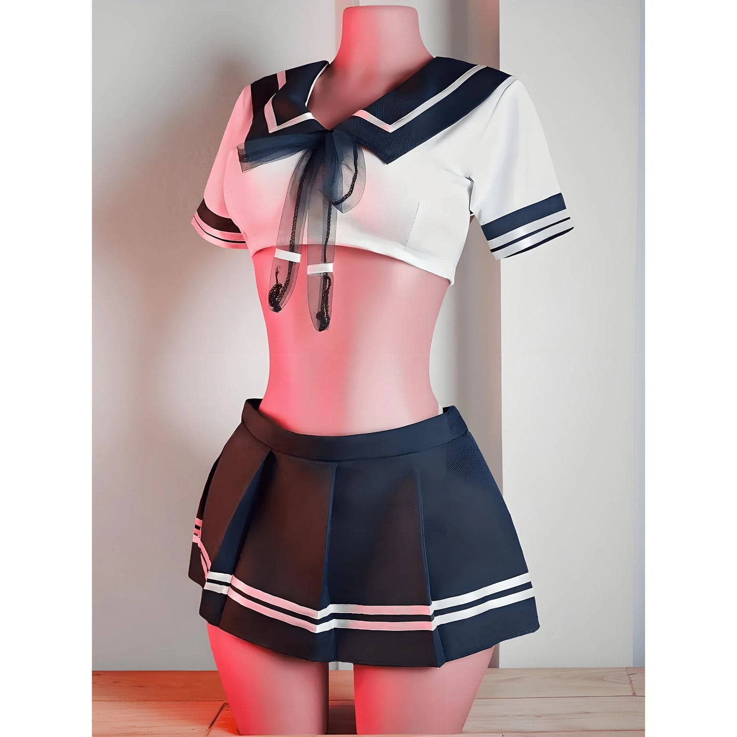 3pcs Sexy Sailor Outfit Women Lingerie Set Japanese Schoolgirl Cosplay Sleepwear Pleated Mini Skirt  Crop Top Pajamas