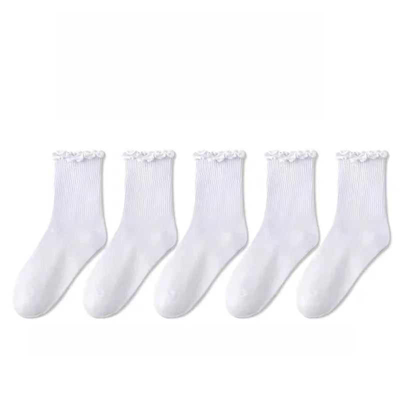 5 Pairs /Lot Socks for Women Ruffle Middle Tube Ankle Short Breathable Black White Set Spring Autumn