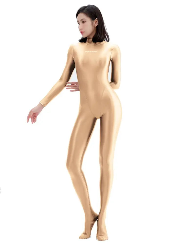 2023 AMORESY Women's Catsuit Playsuits Wetlook Shiny Glossy Tights Zipper Leotards Fullbody Overall Zentai Jumpsuits