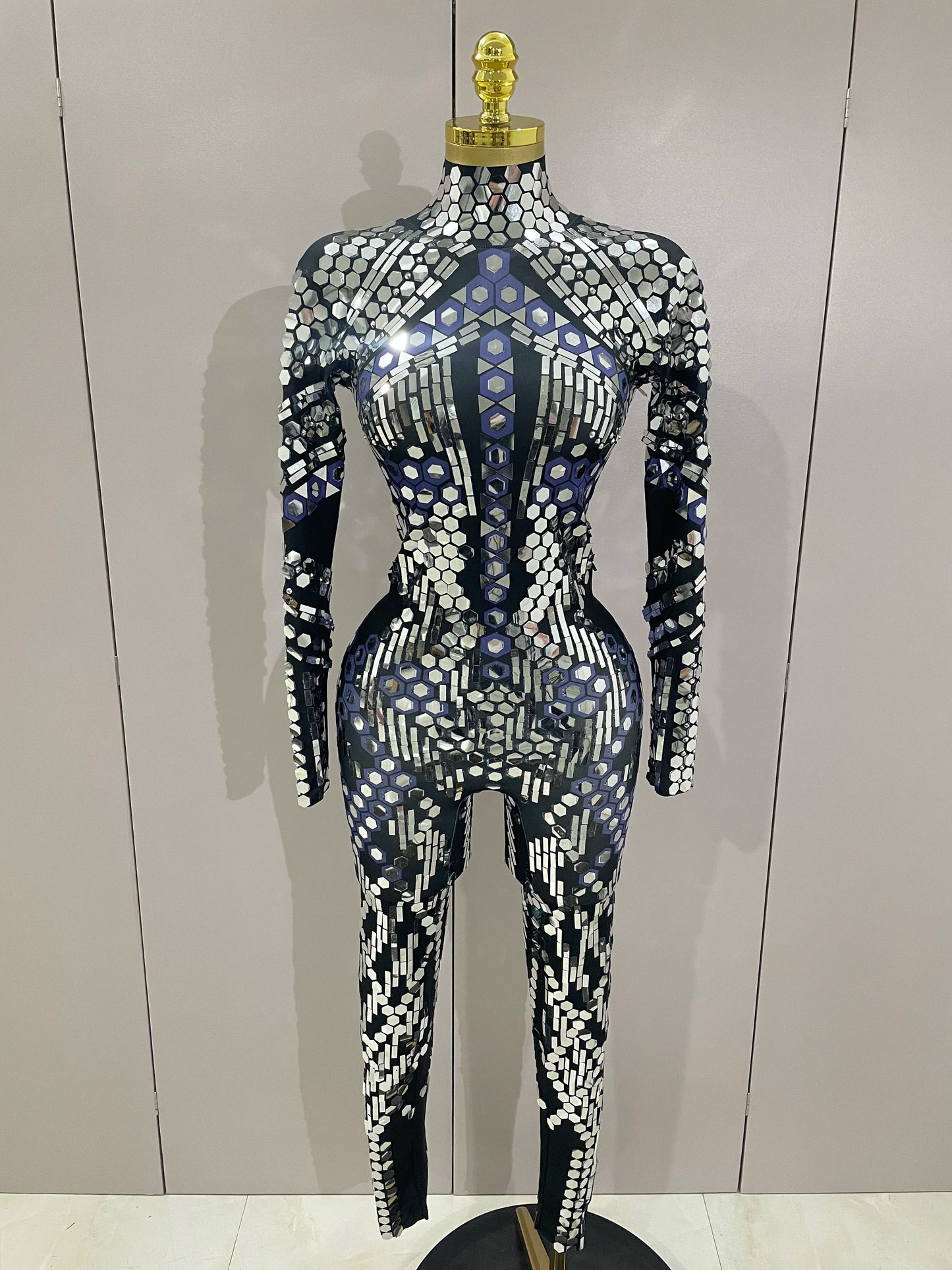Sexy Shiny Silver Sequins Mirror Black Spandex Jumpsuit 2025 Women Prom Dancer Singer Costume Evening Birthday Show Stage Outfit