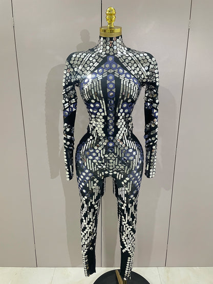 Sexy Shiny Silver Sequins Mirror Black Spandex Jumpsuit 2025 Women Prom Dancer Singer Costume Evening Birthday Show Stage Outfit