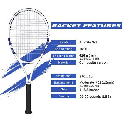ALPSPORT Carbon Fiber Tennis Racket T800 18K-Professional Grade with Bag&Strap Lightweight Training Racquet for Adults Men&Women