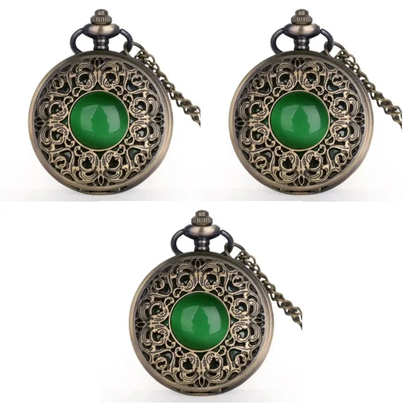 Vintage Arabic numerals face hollowed-out carving jade quartz pocket watch Bronze elegant style ladies gift clothing accessories