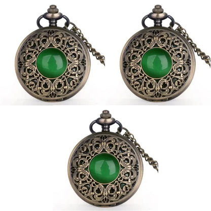 Vintage Arabic numerals face hollowed-out carving jade quartz pocket watch Bronze elegant style ladies gift clothing accessories
