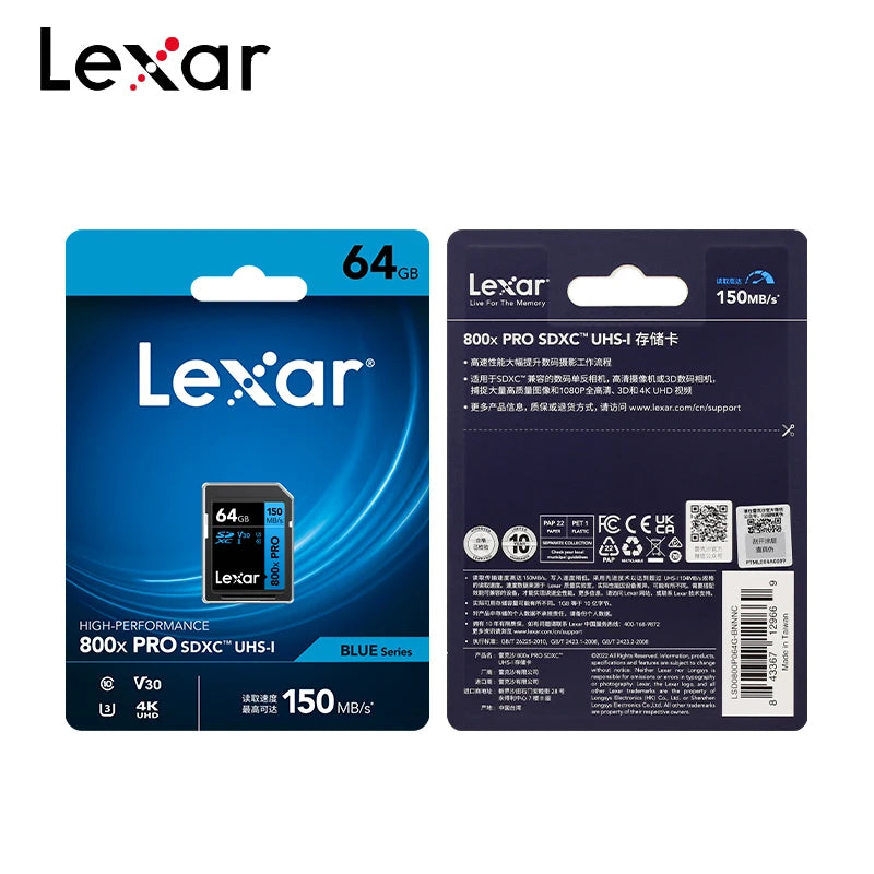 Original Lexar SD Card 800x Pro SDHC 32GB SDXC 64GB 128GB Read Max 150MB/s UHS-I Memory Card Storage Card Flash Card For Camera