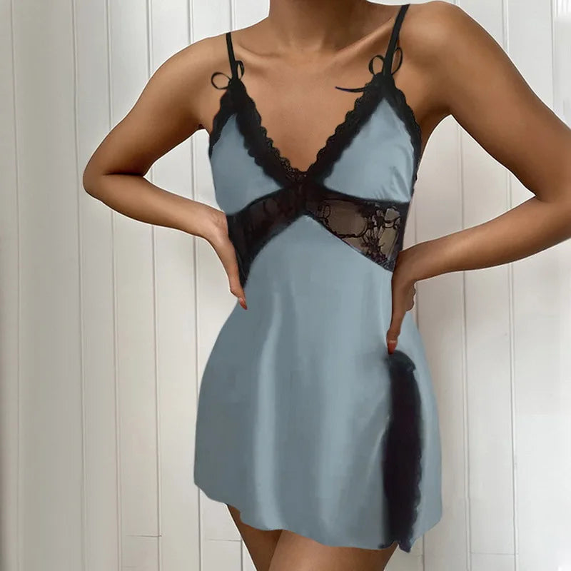 Fancy Lingerie Women's Sexy Backless Lace Low Neck Nightgown Dresses Pure Colour Women's Homewear Dresses Evening Gowns Dresses