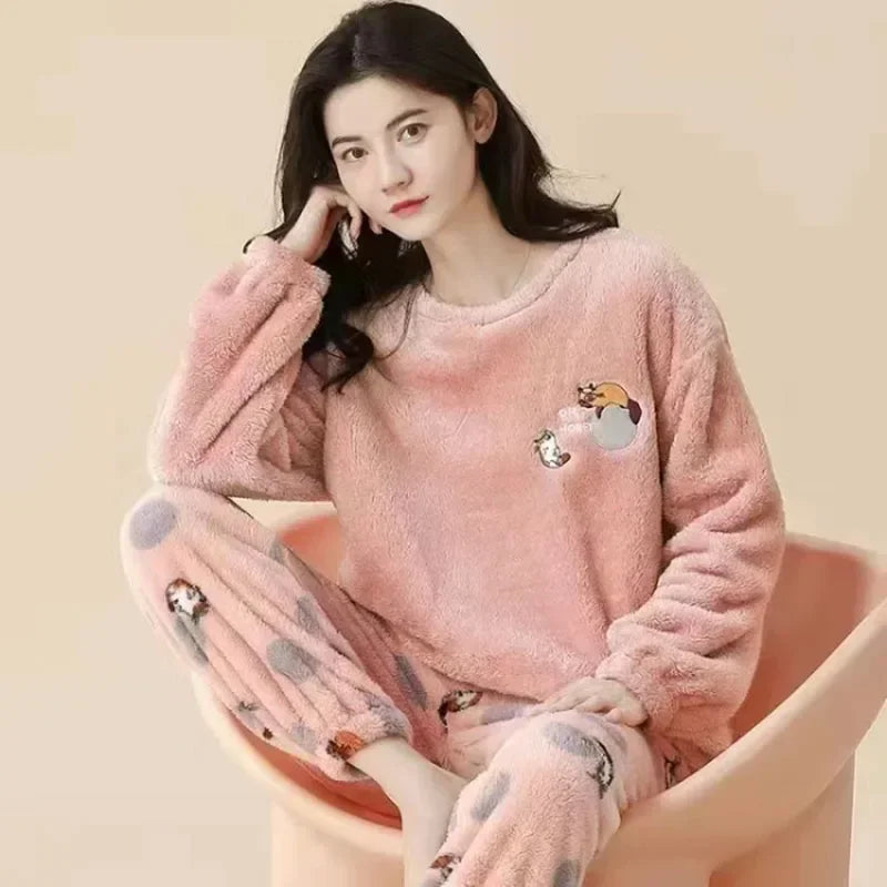 Thickened Warm Flannel Women¡®s Sleepwear Coral Velvet Pajamas Winter Cute Cartoon Bear Padded Two Sets Girl Nightwear Loungewear