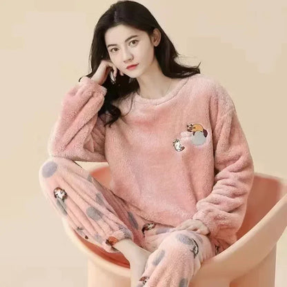 Thickened Warm Flannel Women¡®s Sleepwear Coral Velvet Pajamas Winter Cute Cartoon Bear Padded Two Sets Girl Nightwear Loungewear