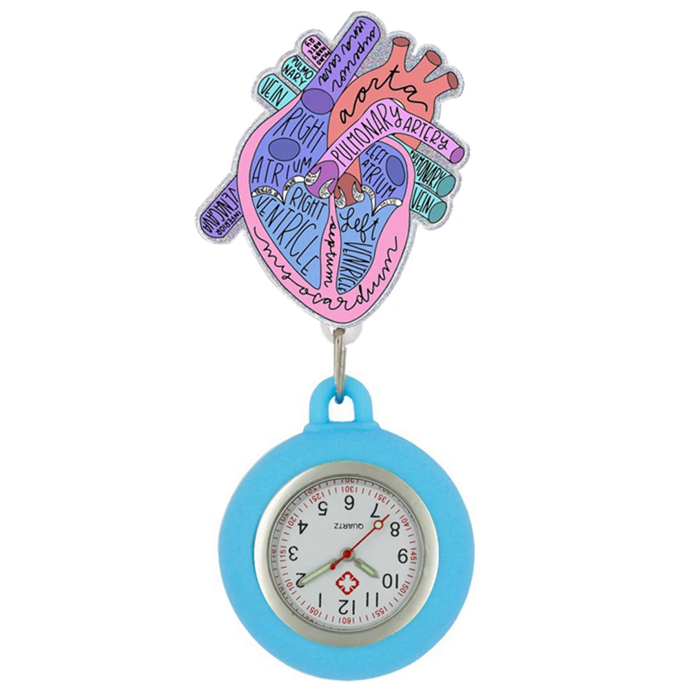 Heart Shape Icons Retractable Nurse Doctor Shiny Badge Reel Clip Pocket Watches Hospital Medical Working Office Hang Clock