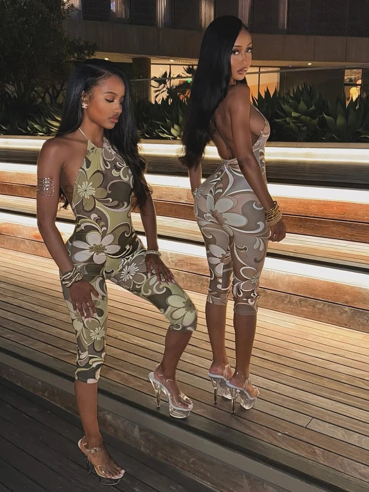 Sisterlinda Aesthetic Print Halter Playsuits Fashion Sexy Backless Bandage Body-shaping Rompers Female Attractive Club One Piece