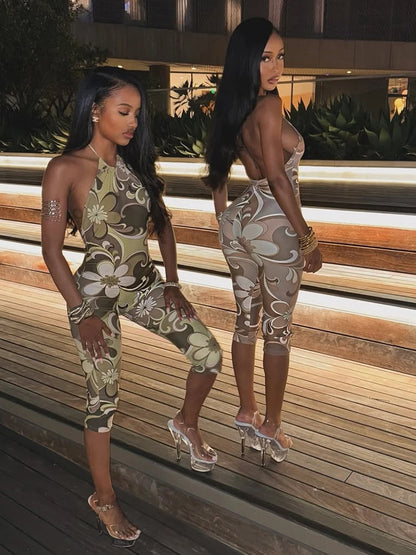 Sisterlinda Aesthetic Print Halter Playsuits Fashion Sexy Backless Bandage Body-shaping Rompers Female Attractive Club One Piece