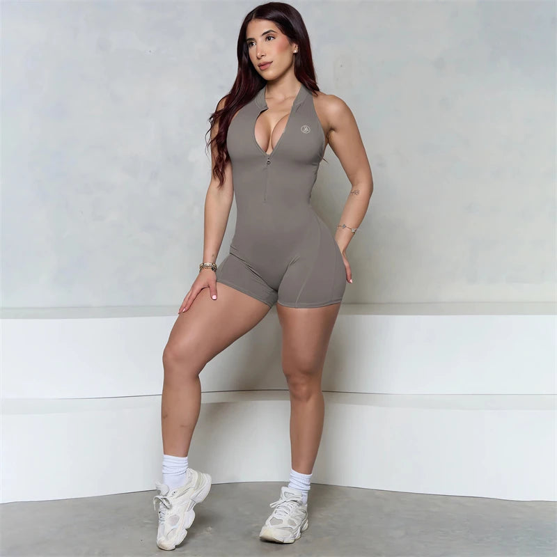 Allure The Brand Sleeveless ZIPPER Scrunch Butt Romper Women Sporty Jumpsuit Lycra Short Fitness Gym Overalls Workout Clothes