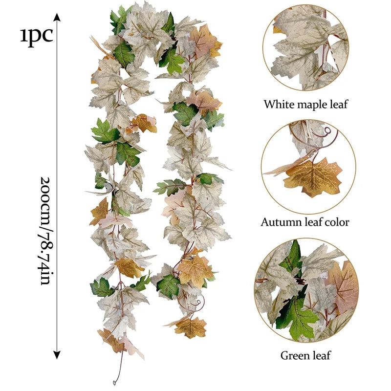 2M Artificial Maple Leaf Garland Fake Fallen Leaves Autumn Decor Rattan for Thanksgiving Halloween Festivals Wedding Xmas Decor