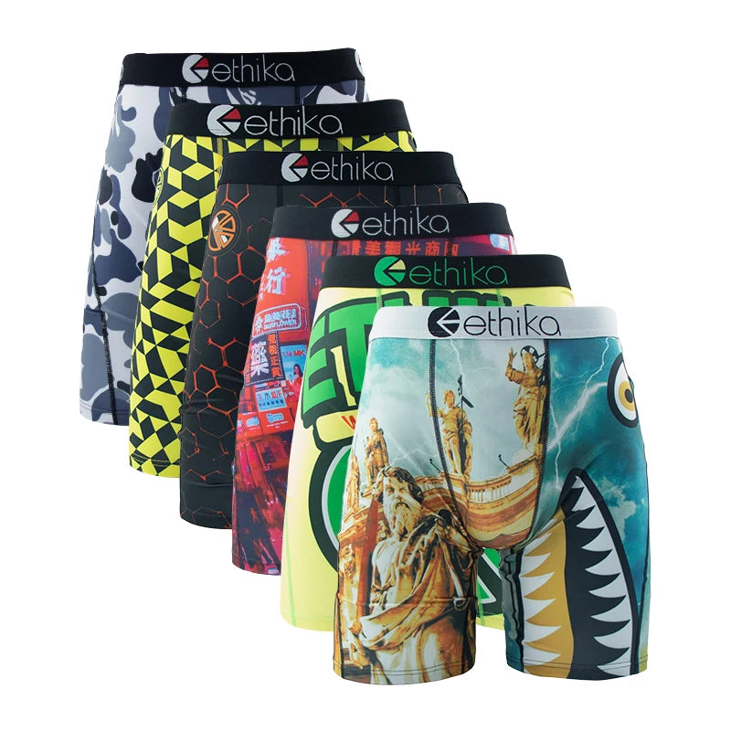 ETHIKA 6Pcs Men Underwear Boxers Breathable Man Swimming Underpants Plus Size Print Mens Panties Trunks Sexy Men's Boxershorts