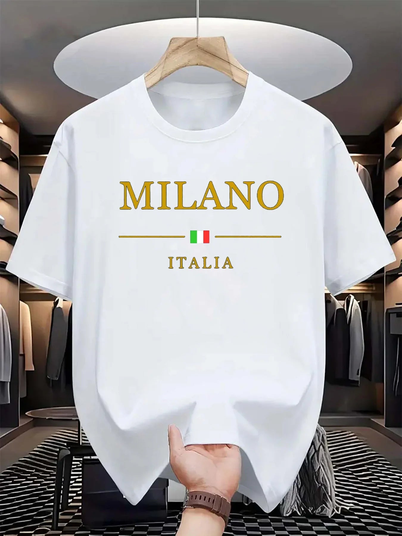 Men's summer 100 cotton fashionable casual loose plus size MILANO ITALIA pattern printed sports round neck short sleeved T-shirt