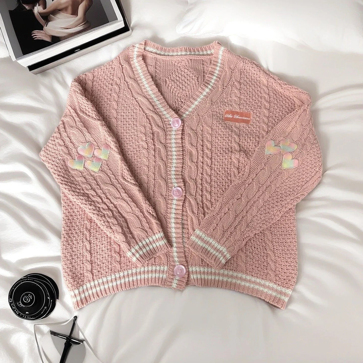 Autumn Red Maple Leaf Embroidered Leaves Knitted Cardigan Women Winter V-neck Single Breasted Show Y2k Style Cardigans Girls