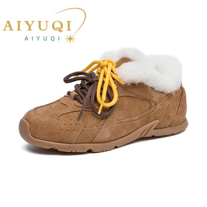 AIYUQI Women Sneakers New Genuine Leather Retro German Training Shoes Women Winter Velvet Fur Flat Casual Shoes Women