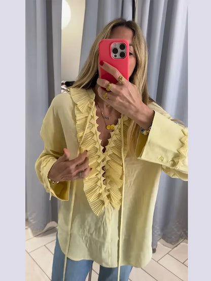Solid Ruffles Full Sleeve Chiffon Shirt Women Casual V Neck Long Sleeves High Street Blouses 2025 Spring Summer Loose New Tops