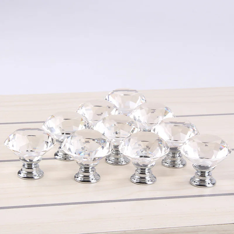 10Pcs/set 30mm Diamond Shape Design Crystal Glass Knobs Cupboard Drawer Pull Kitchen Cabinet Door Wardrobe Handles Hardware