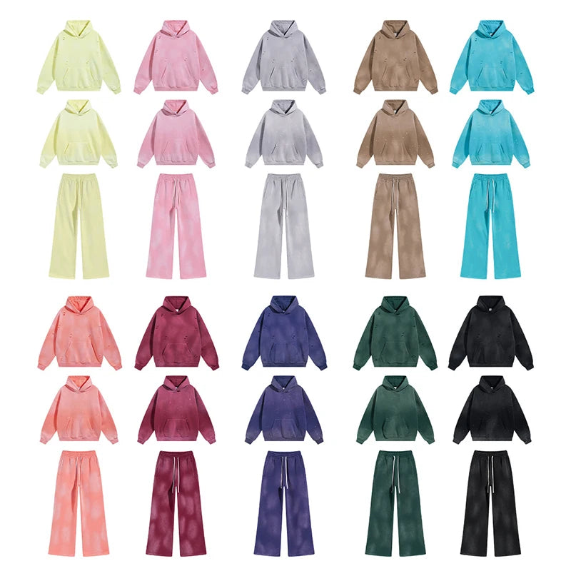 IEFB Spring New Trendy Sets Washed Sweatshirt Sweatpants Splash-ink Spray Dye Velvet Hoodies Autumn Male Wear Menwear 9W125