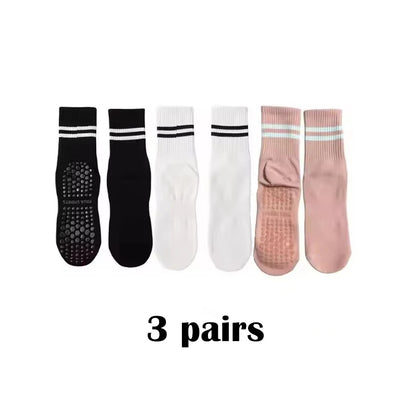 3-Pair Female Pilates Indoor Anti Slip Silicone Floor Socks Breathable Double Bar Middle Socks Fitness Dance Exercise Yoga Socks