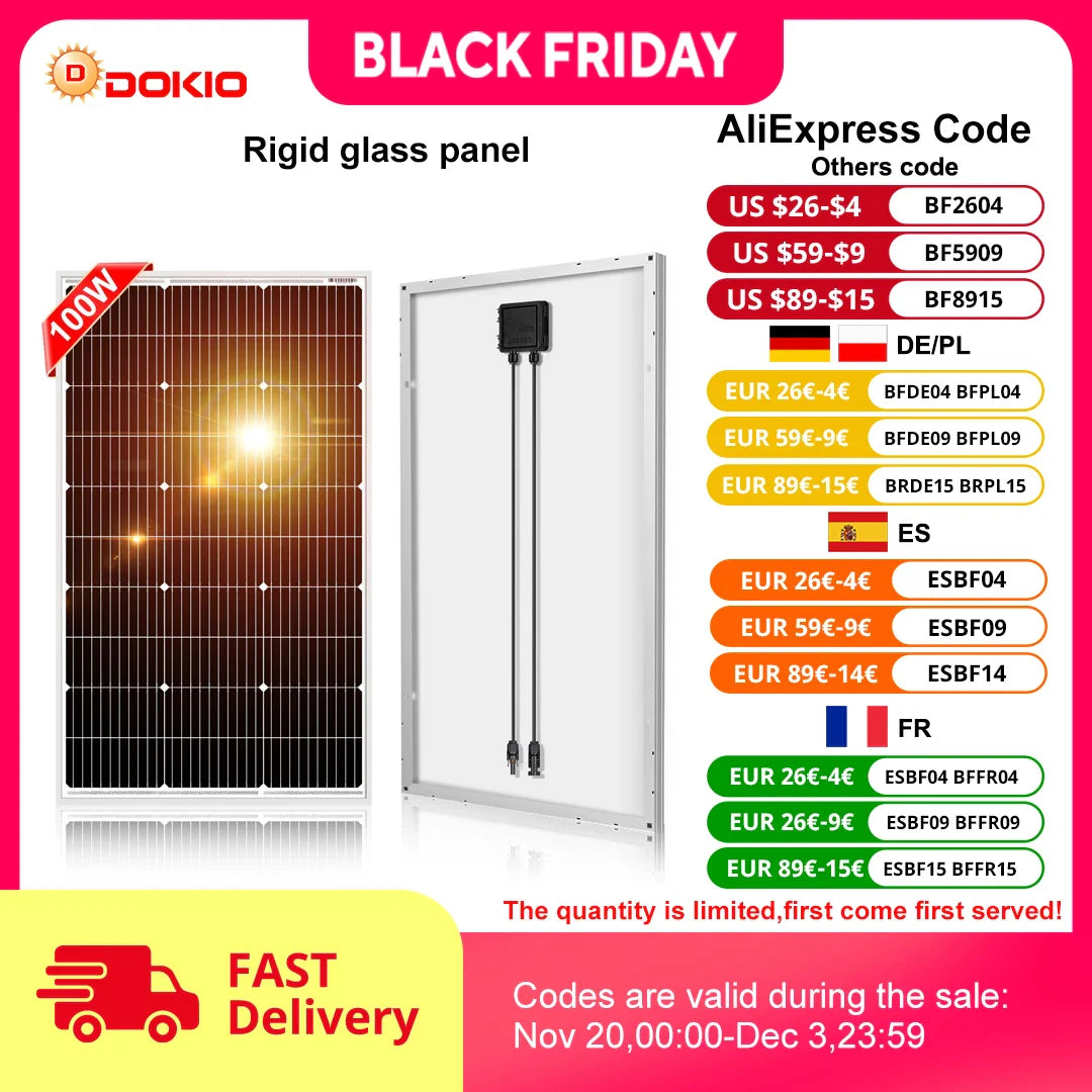 DOKIO 18V 100W Rigid Solar Panel China 18V Monocrystalline Silicon Waterproof Solar Panel Charging 12V #DSP-100M Camping/Home/RV