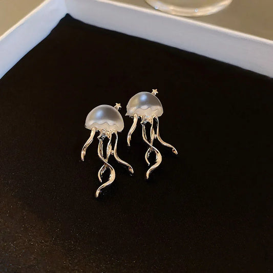 Personalized White Frosted Jellyfish Stud Earrings s925 Silver Needle Ocean Style Fashion Jewelry For Women Vacation