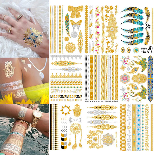 Waterproof Temporary Tattoo Sticker Flowers Mandala Henna Golden Silvery Metallic Flash Tatoo Boho Hand Jewelry Glitter Body Art