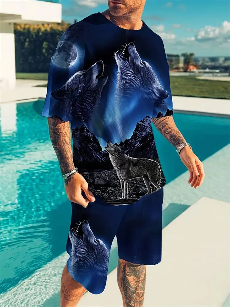 New Men's Sports Suit 3D Three-Dimensional Lion Print Short-Sleeved Outdoor Travel Leisure Two-Piece Suit Plus Size Clothing