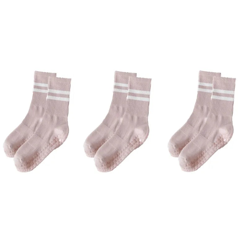 3-Pair Female Pilates Indoor Anti Slip Silicone Floor Socks Breathable Double Bar Middle Socks Fitness Dance Exercise Yoga Socks
