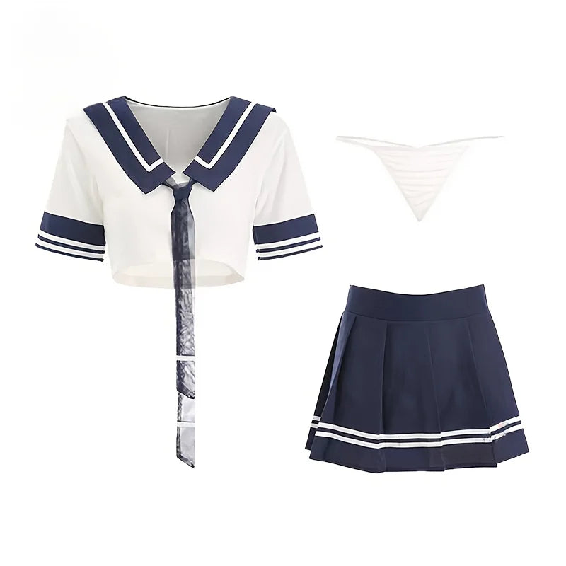 3pcs Sexy Sailor Outfit Women Lingerie Set Japanese Schoolgirl Cosplay Sleepwear Pleated Mini Skirt  Crop Top Pajamas